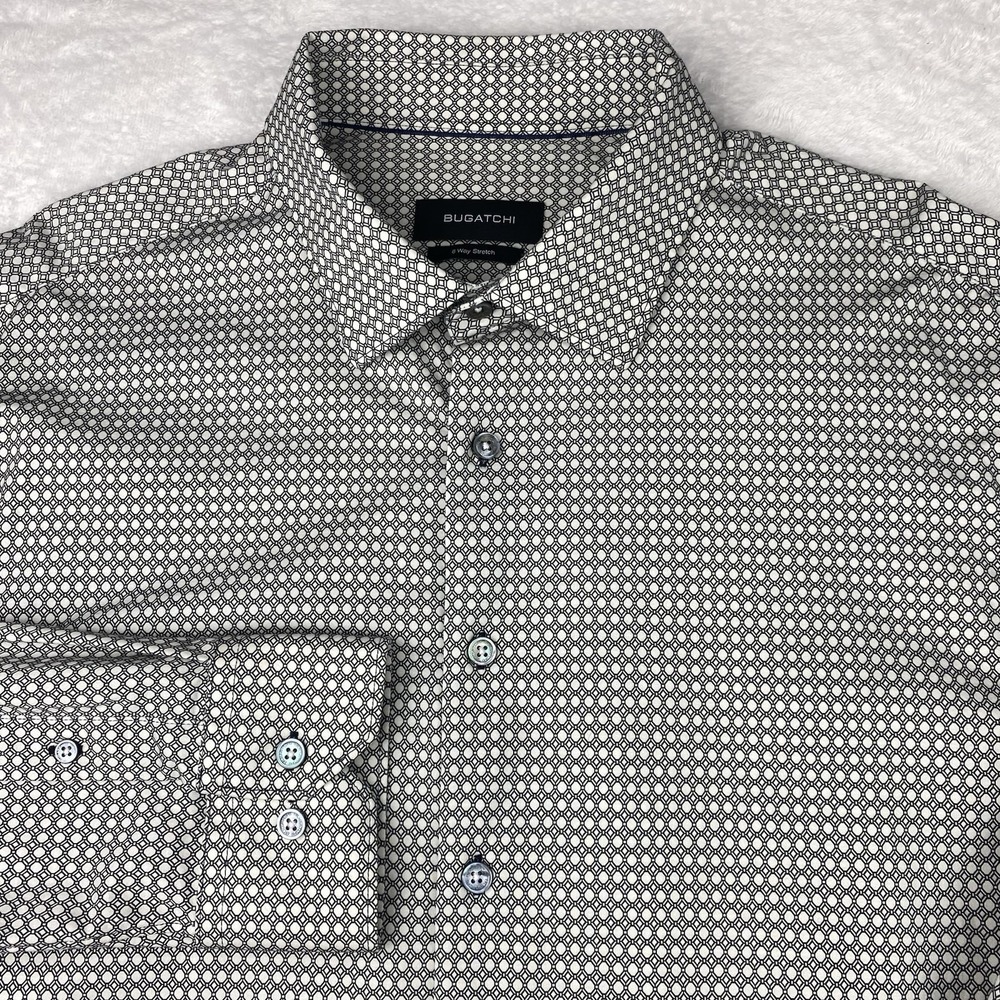 BUGATCHI Dress Shirt Mens XL Black/White Geometric Print 8-Way Stretch